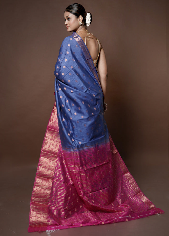 Blue Dupion Silk Saree With Blouse Piece