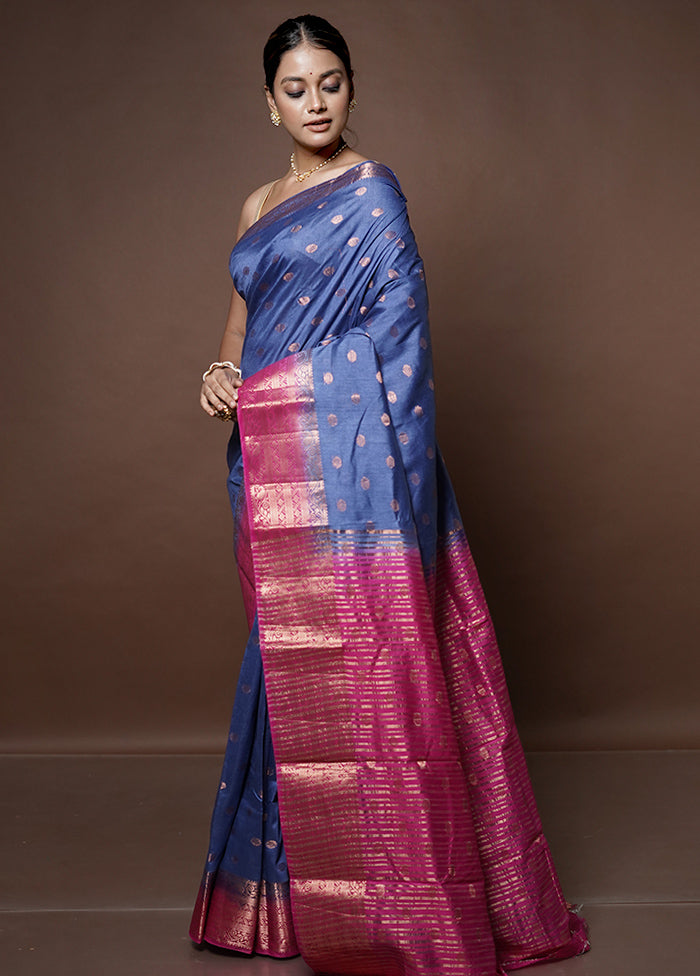 Blue Dupion Silk Saree With Blouse Piece