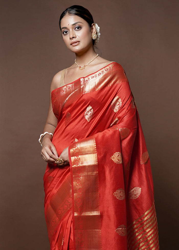 Red Dupion Silk Saree With Blouse Piece