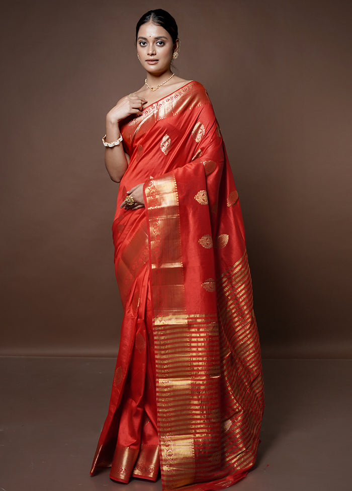 Red Dupion Silk Saree With Blouse Piece