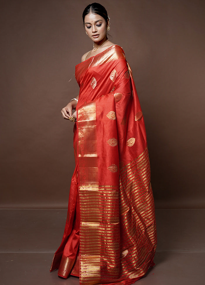 Red Dupion Silk Saree With Blouse Piece