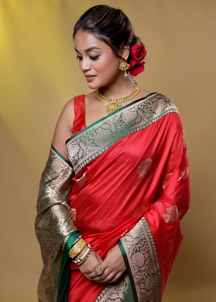 Red Handloom Katan Pure Silk Saree With Blouse Piece