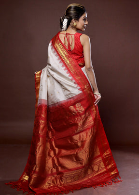 Cream Gadwal Pure Silk Saree Without Blouse Piece - Indian Silk House Agencies