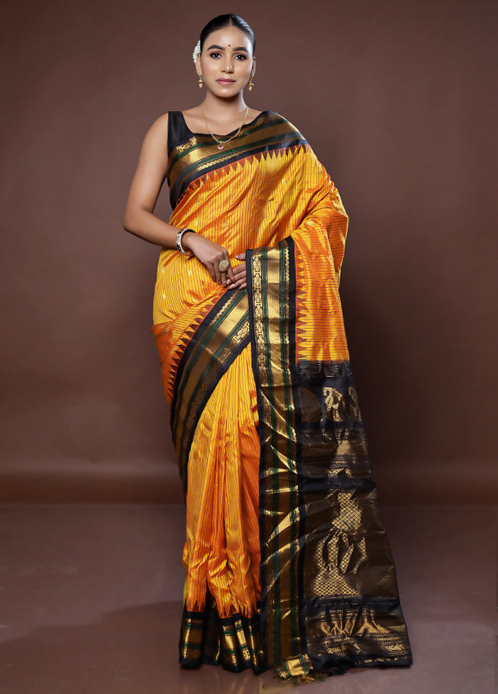 Yellow Gadwal Pure Silk Saree Without Blouse Piece