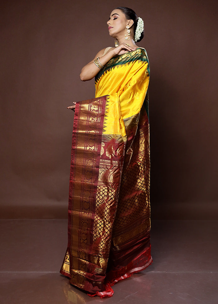 Yellow Gadwal Pure Silk Saree Without Blouse Piece