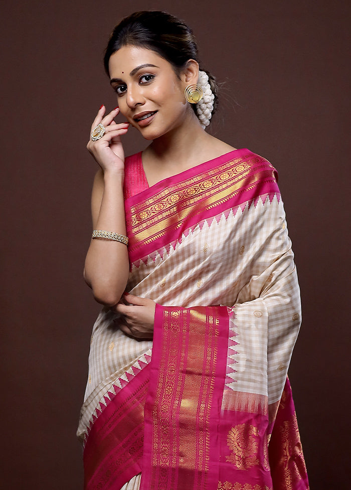 Cream Gadwal Pure Silk Saree Without Blouse Piece - Indian Silk House Agencies