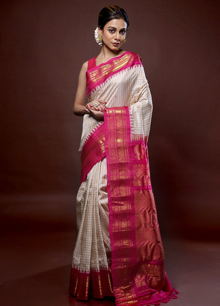 Cream Gadwal Pure Silk Saree Without Blouse Piece - Indian Silk House Agencies