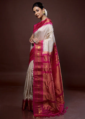 Cream Gadwal Pure Silk Saree Without Blouse Piece - Indian Silk House Agencies