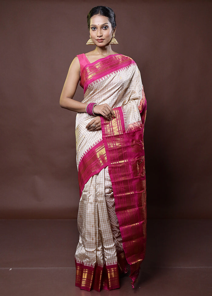 Cream Gadwal Pure Silk Saree Without Blouse Piece