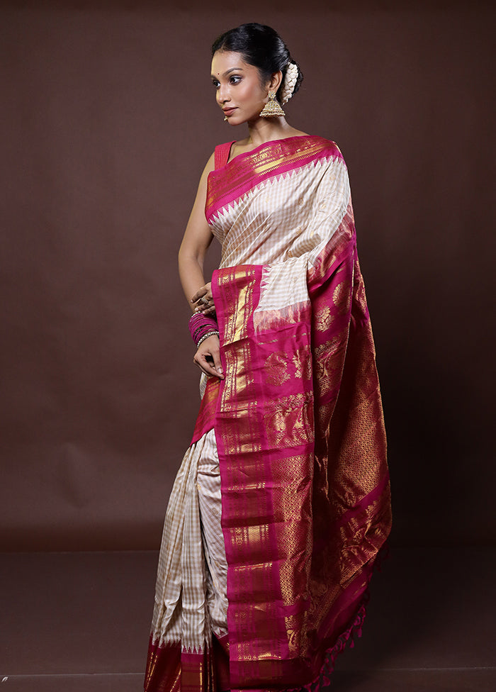 Cream Gadwal Pure Silk Saree Without Blouse Piece