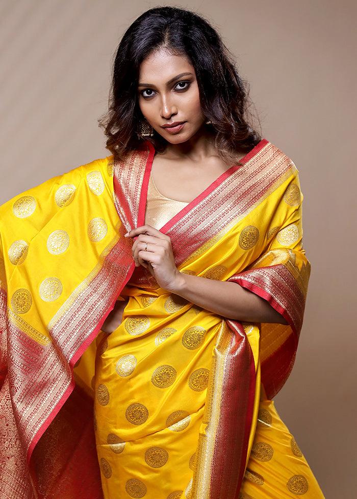 Yellow Dupion Silk Saree Without Blouse Piece - Indian Silk House Agencies