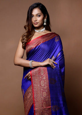 Blue Handloom Tussar Pure Silk Saree With Blouse Piece - Indian Silk House Agencies