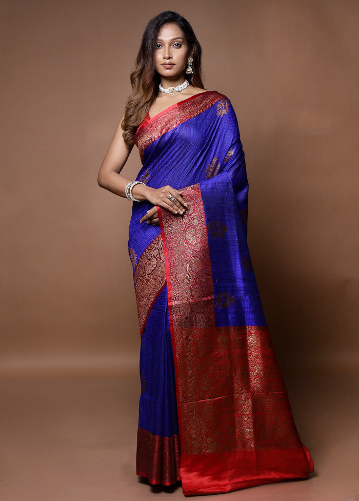 Blue Handloom Tussar Pure Silk Saree With Blouse Piece - Indian Silk House Agencies