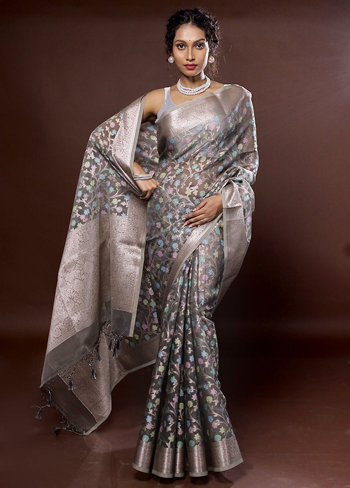 Grey Organza Saree With Blouse Piece - Indian Silk House Agencies