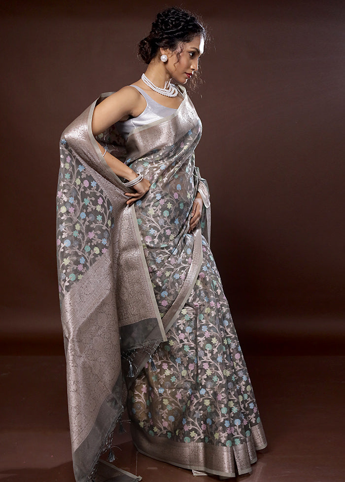 Grey Organza Saree With Blouse Piece - Indian Silk House Agencies