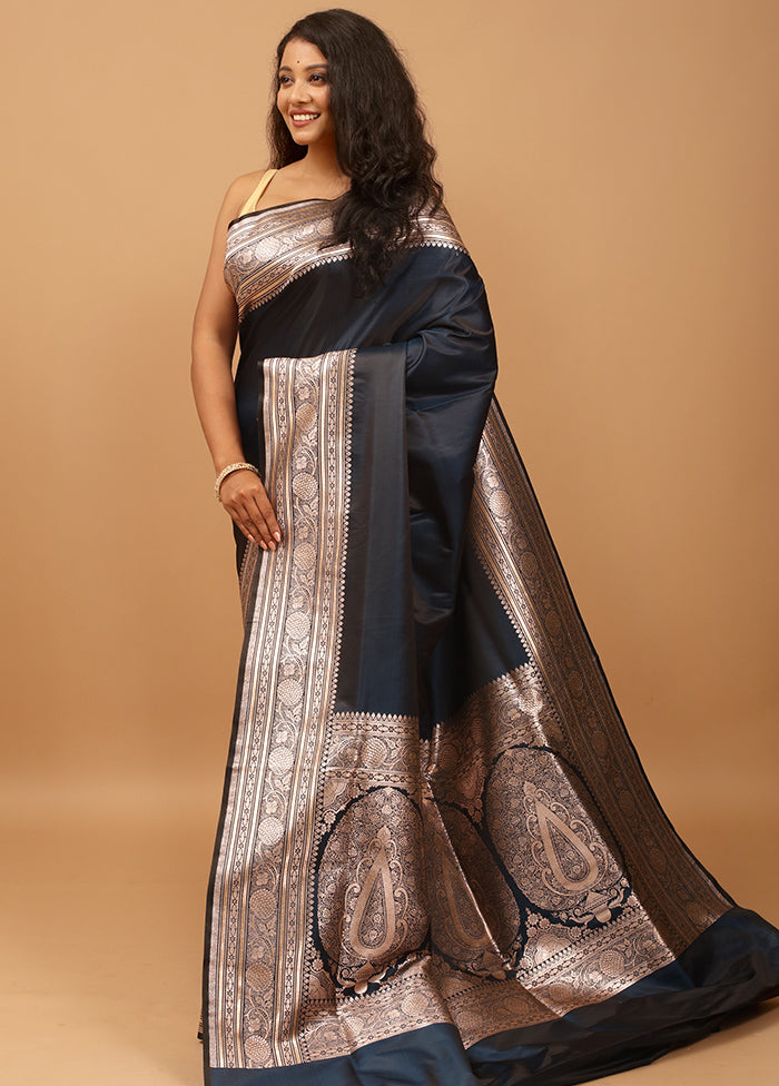 Blue Banarasi Silk Saree With Blouse Piece