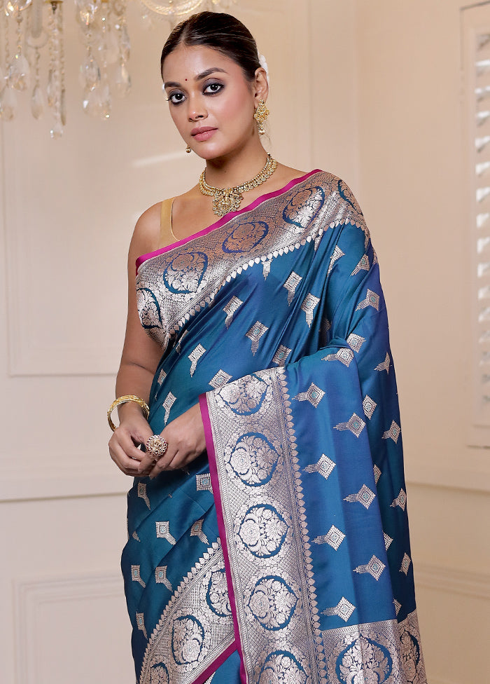 Blue Banarasi Silk Saree With Blouse Piece