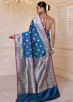 Blue Banarasi Silk Saree With Blouse Piece