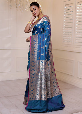 Blue Banarasi Silk Saree With Blouse Piece