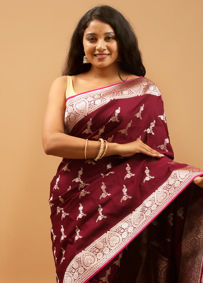 Maroon Banarasi Silk Saree With Blouse Piece