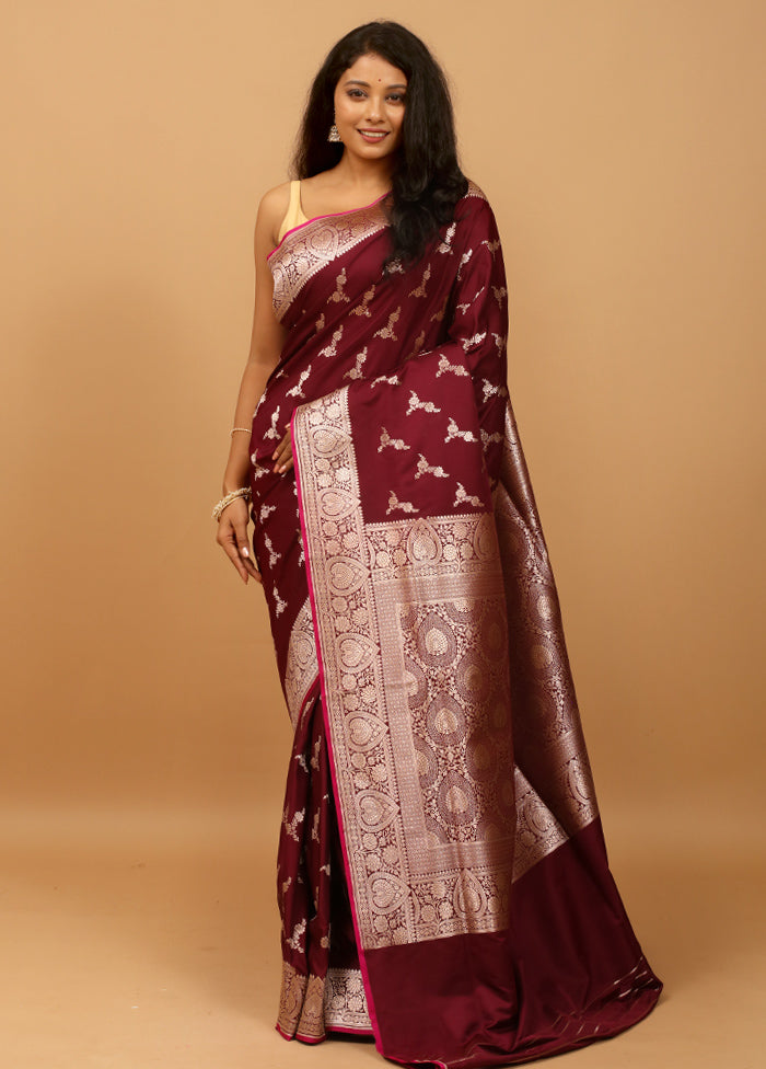 Maroon Banarasi Silk Saree With Blouse Piece