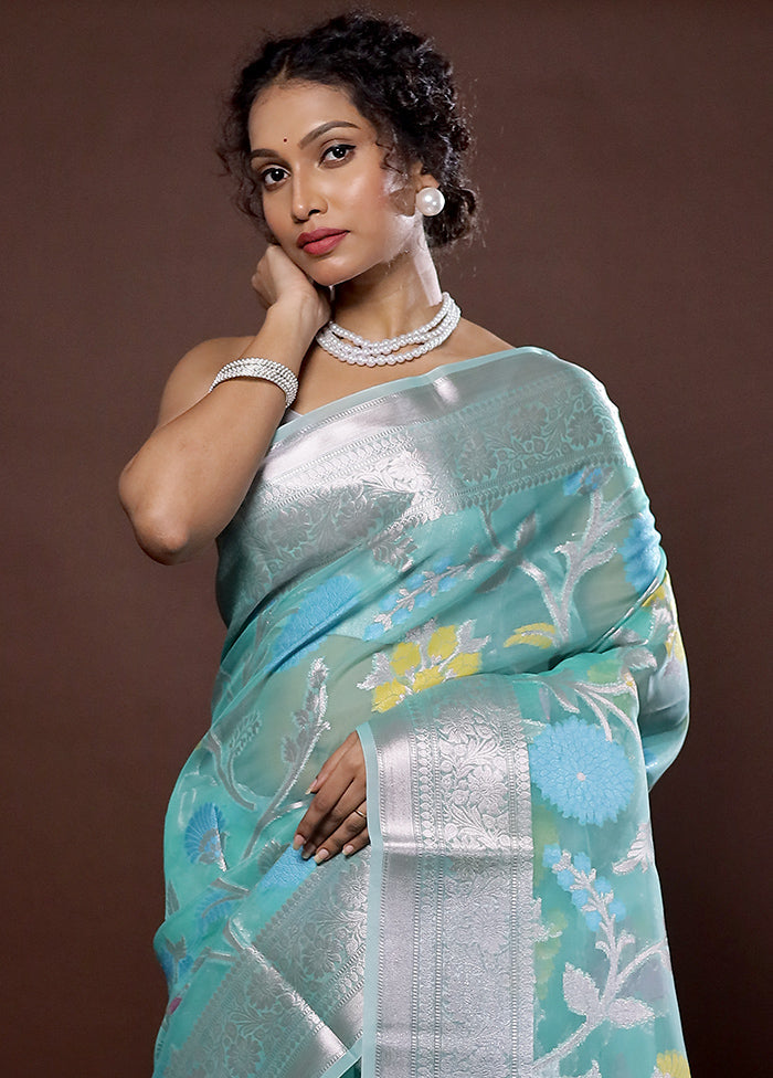 Green Organza Saree With Blouse Piece - Indian Silk House Agencies