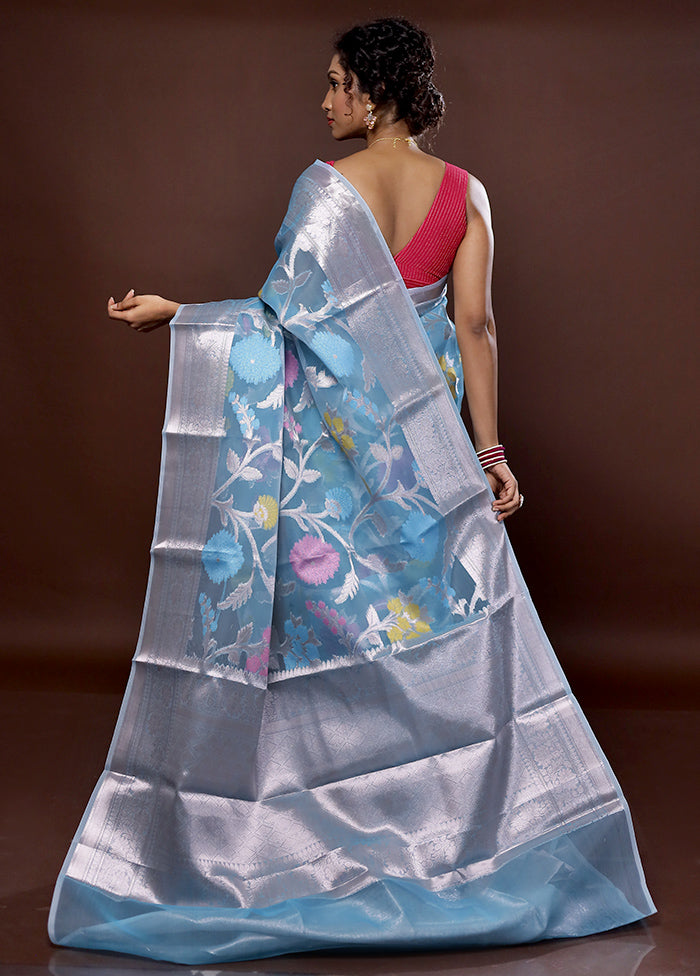 Blue Organza Saree With Blouse Piece - Indian Silk House Agencies