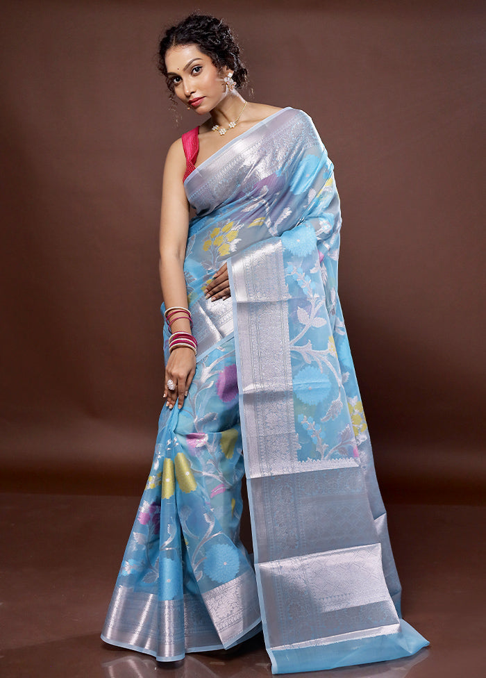 Blue Organza Saree With Blouse Piece - Indian Silk House Agencies