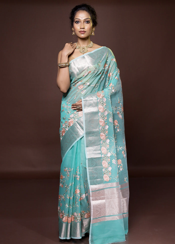 Green Organza Saree With Blouse Piece