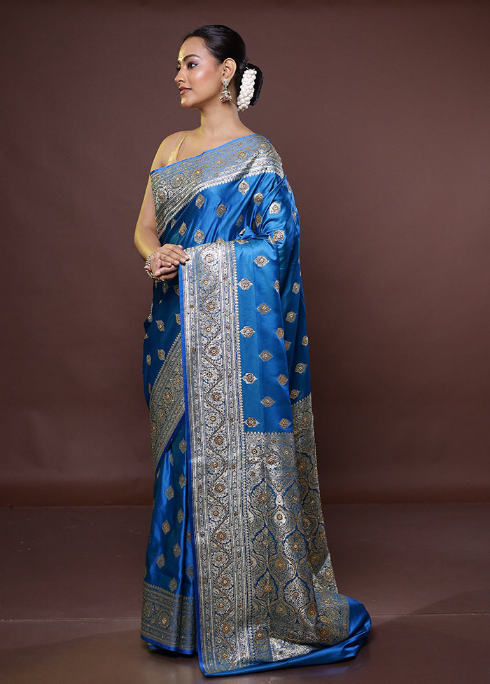 Blue Banarasi Silk Saree With Blouse Piece