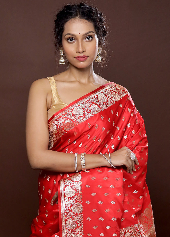 Red Banarasi Silk Saree With Blouse Piece - Indian Silk House Agencies