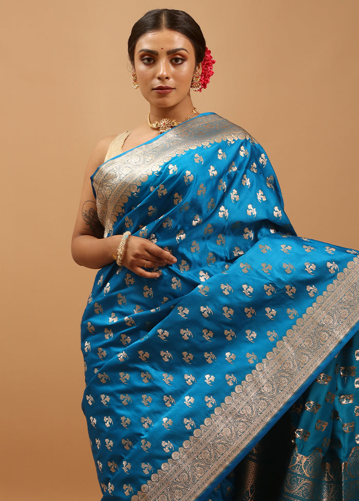 Blue Banarasi Silk Saree With Blouse Piece