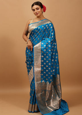 Blue Banarasi Silk Saree With Blouse Piece