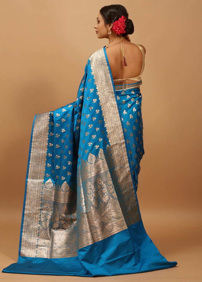 Blue Banarasi Silk Saree With Blouse Piece