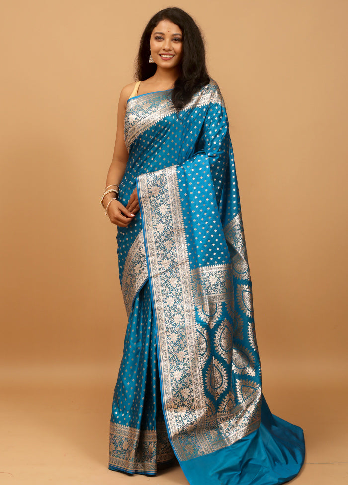 Blue Banarasi Silk Saree With Blouse Piece