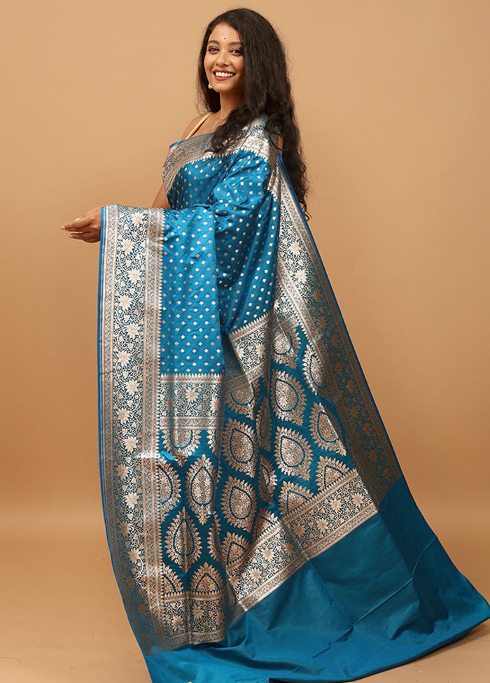 Blue Banarasi Silk Saree With Blouse Piece