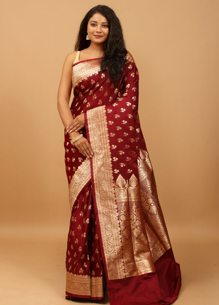 Maroon Banarasi Silk Saree With Blouse Piece