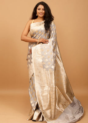 Grey Banarasi Silk Saree With Blouse Piece