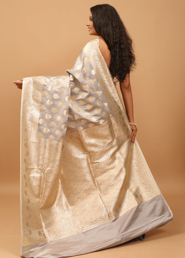 Grey Banarasi Silk Saree With Blouse Piece