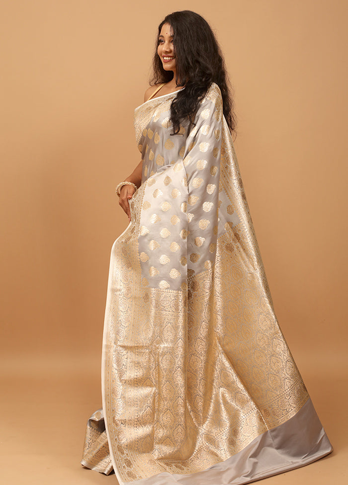 Grey Banarasi Silk Saree With Blouse Piece