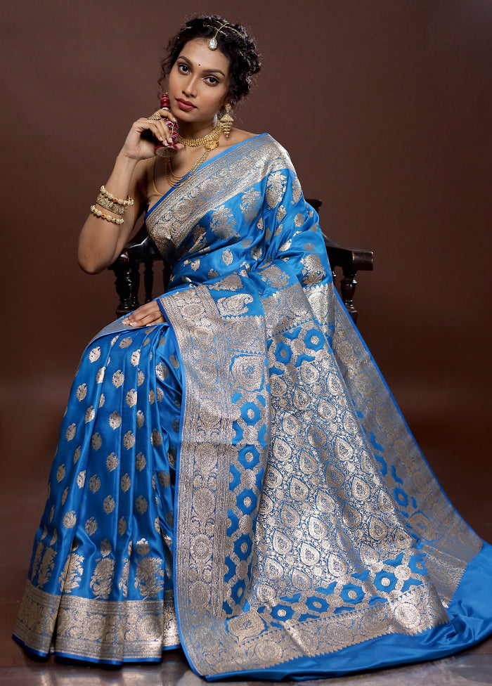 Blue Banarasi Silk Saree With Blouse Piece - Indian Silk House Agencies