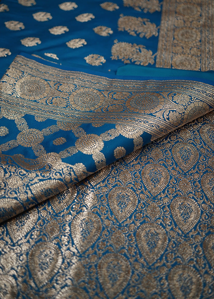 Blue Banarasi Silk Saree With Blouse Piece - Indian Silk House Agencies