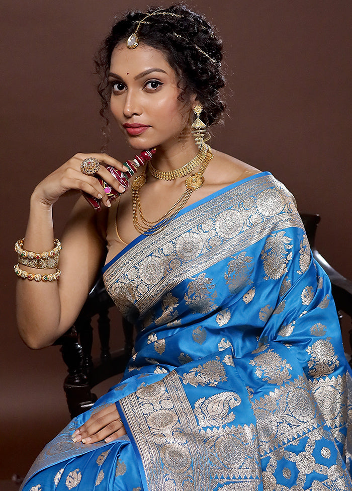 Blue Banarasi Silk Saree With Blouse Piece - Indian Silk House Agencies