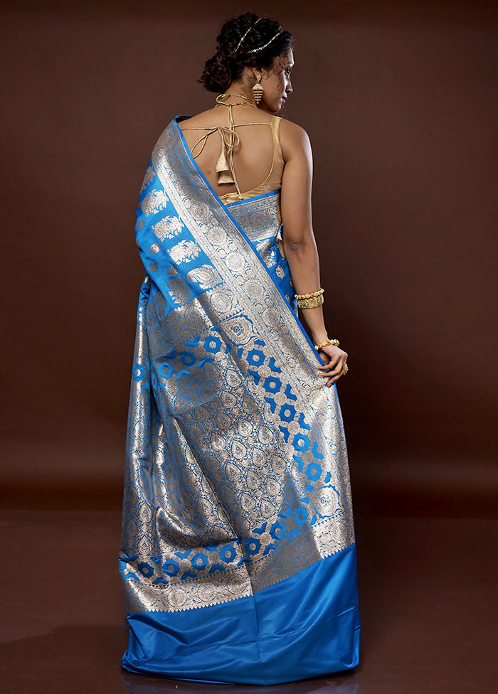 Blue Banarasi Silk Saree With Blouse Piece - Indian Silk House Agencies