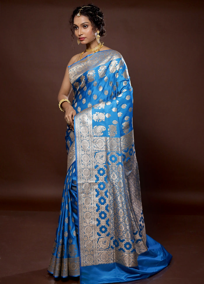 Blue Banarasi Silk Saree With Blouse Piece - Indian Silk House Agencies