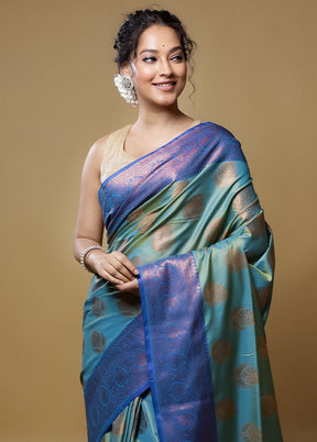 Blue Dupion Silk Saree With Blouse Piece