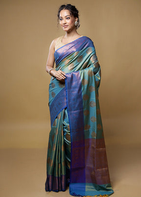 Blue Dupion Silk Saree With Blouse Piece