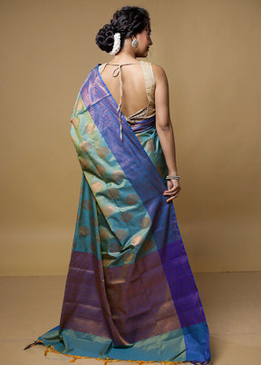 Blue Dupion Silk Saree With Blouse Piece