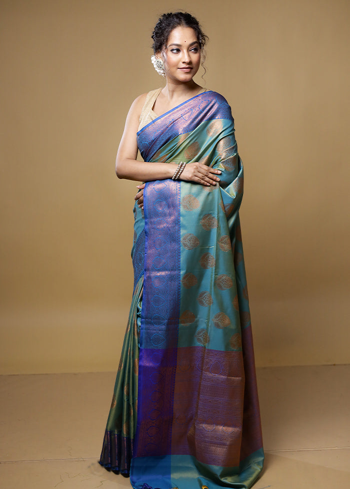 Blue Dupion Silk Saree With Blouse Piece