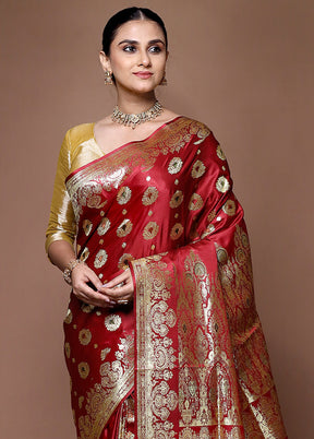 Red Banarasi Silk Saree With Blouse Piece